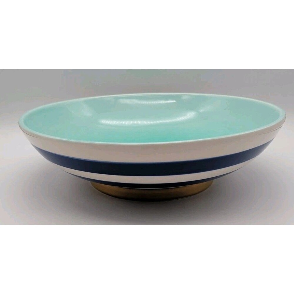 Threshold Decorative Bowl Blue And White Striped Turquoise Celadon Gold Foot 13"
